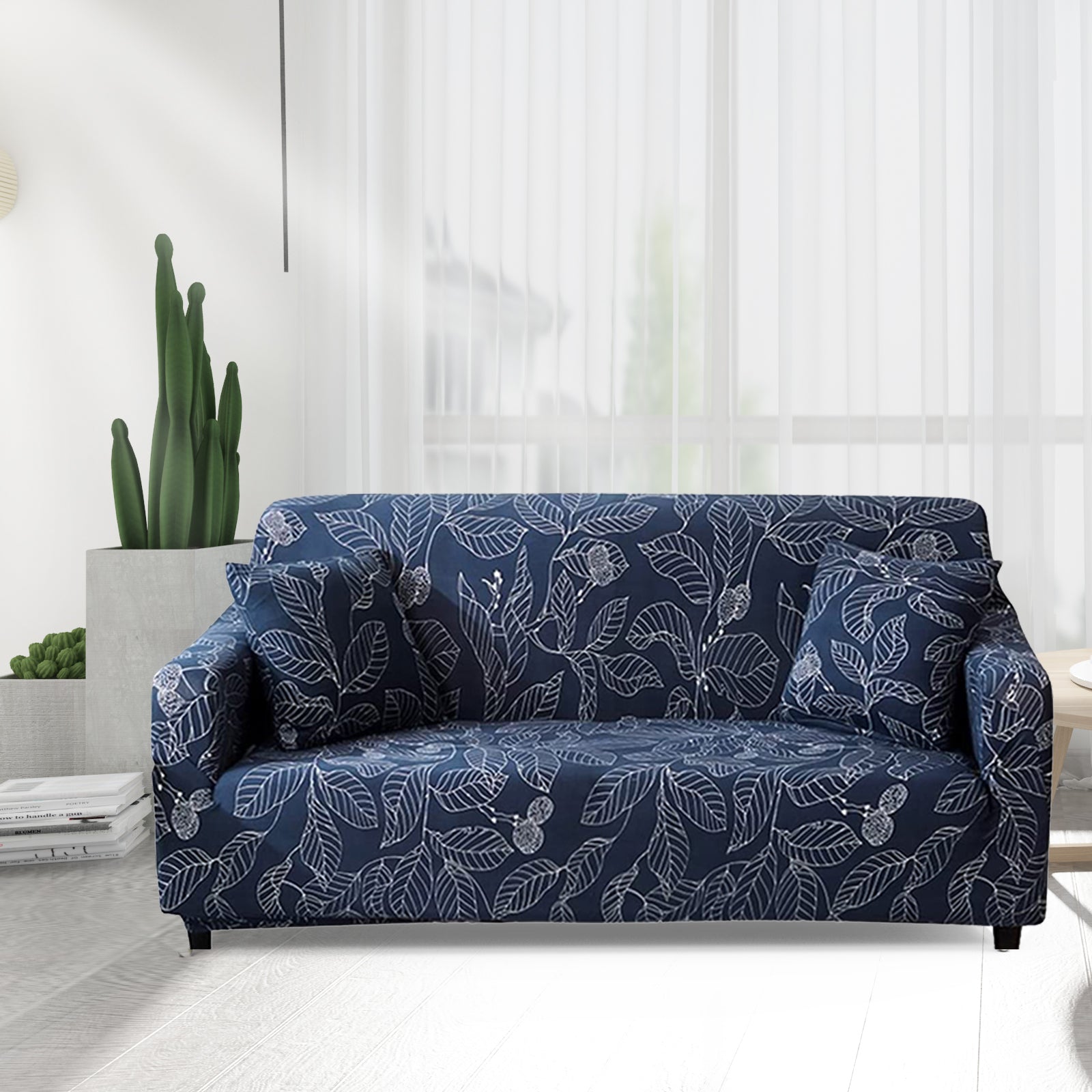 Stretch Sofa Cover (Navy Leaves)