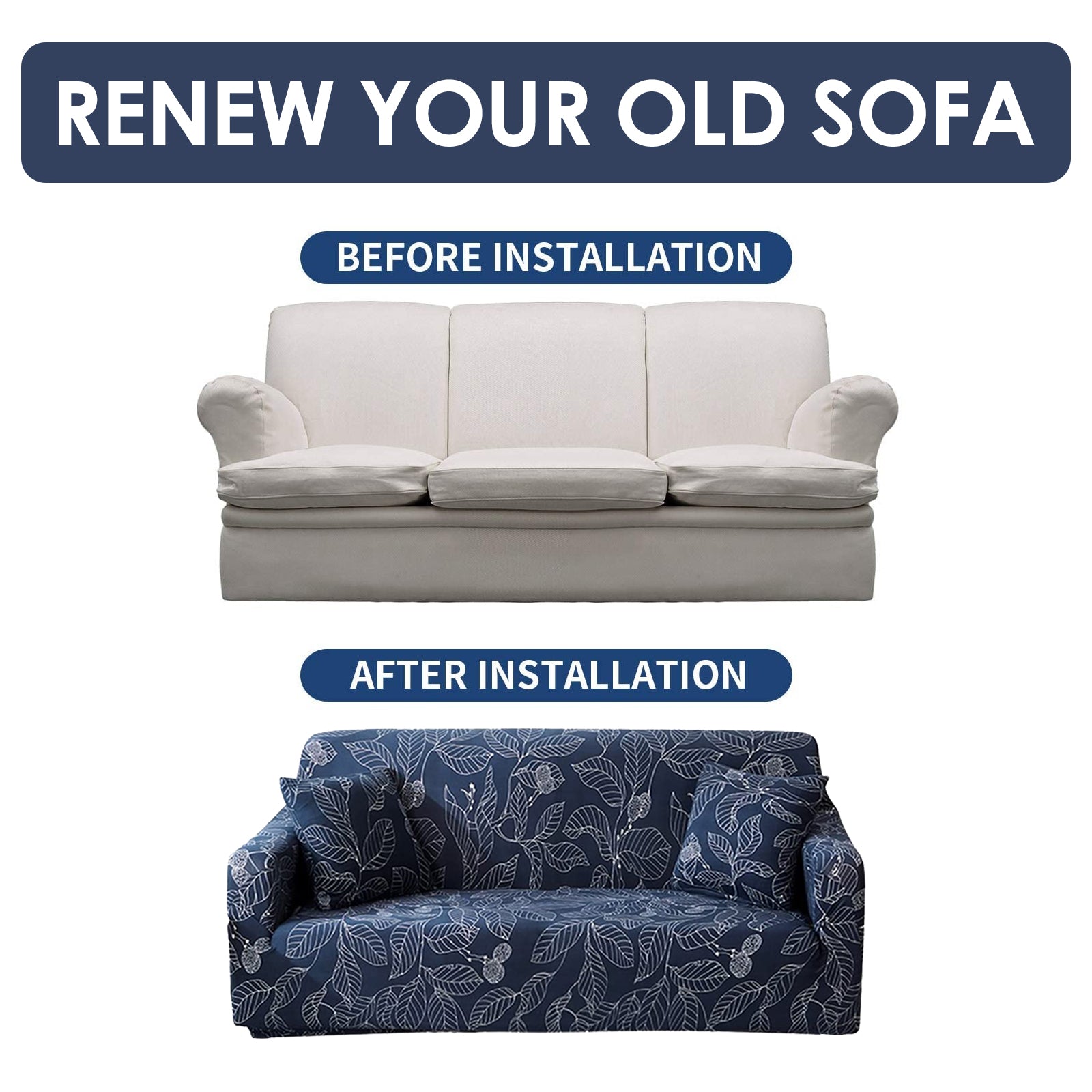 Stretch Sofa Cover (Navy Leaves)