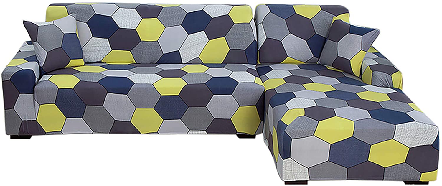 L-Shaped Stretch Sofa Cover Printed Couch Covers Slipcovers for L-Shape Sofas Universal Elastic Furniture Protector with 2 Free Pillowcase