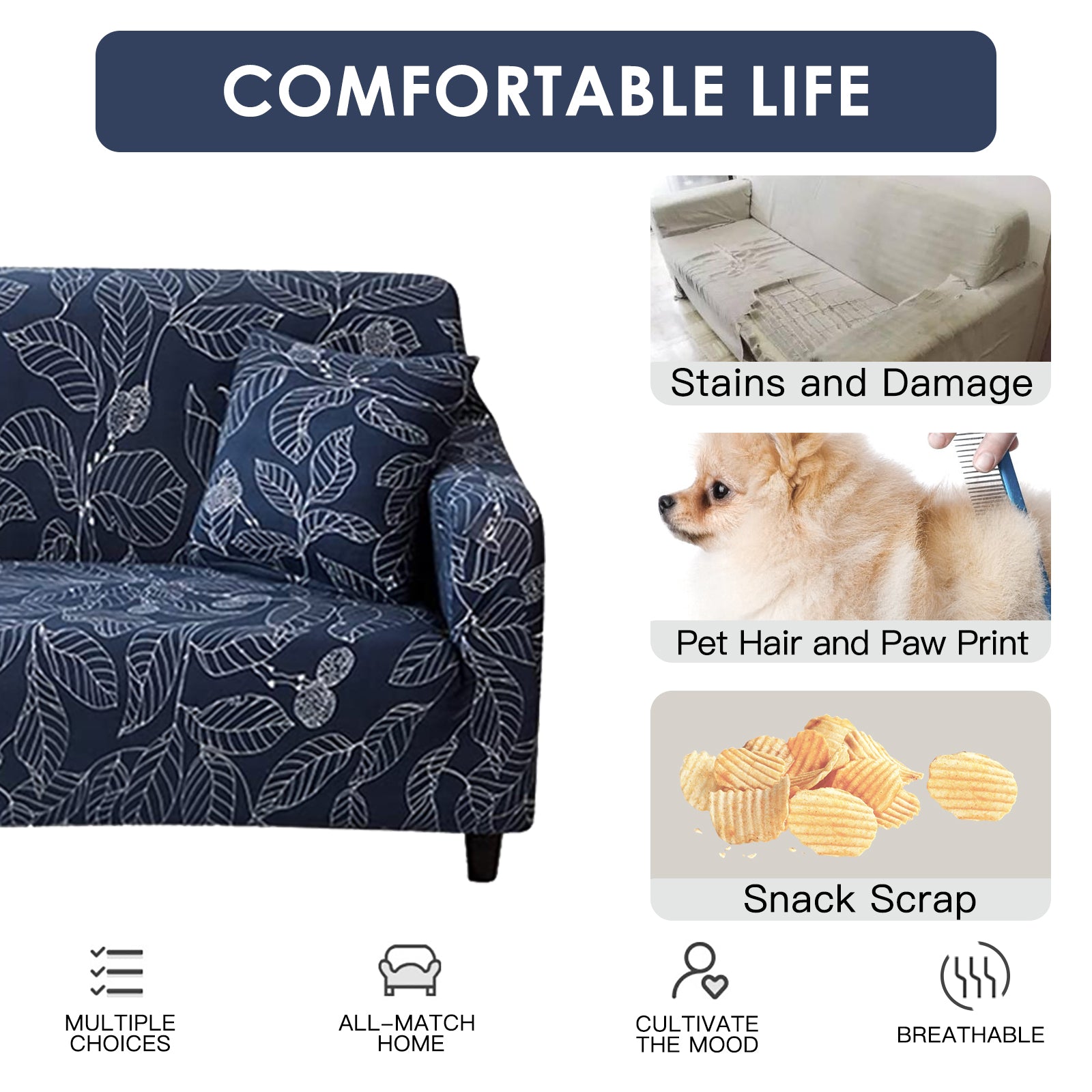 Stretch Sofa Cover (Navy Leaves)